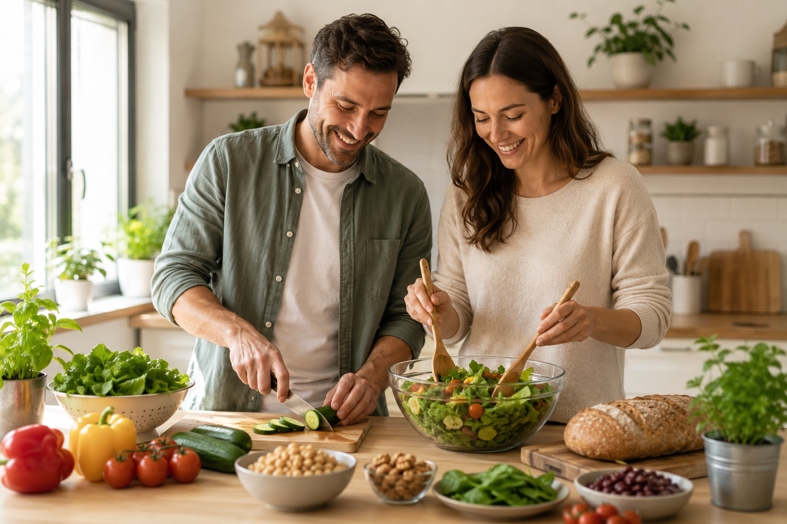 Ausgewogene Zinkversorgung durch gesunde Ernährung Ein Paar bereitet gemeinsam eine ausgewogene Mahlzeit mit frischen, zinkreichen Lebensmitteln wie Gemüse, Hülsenfrüchten, Vollkornprodukten und Nüssen zu.