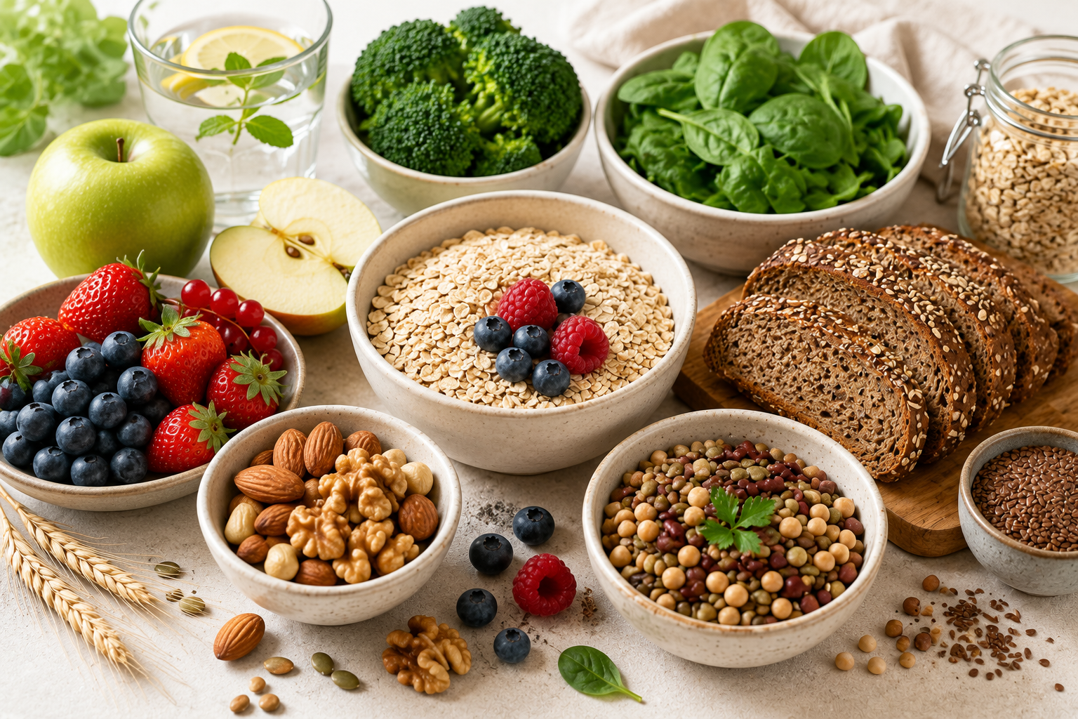 Haferflocken, Vollkornbrot, Hülsenfrüchte, Beeren, Äpfel und Nüsse – Symbolbild für eine blutzuckerfreundliche Ernährung zur Unterstützung eines gesunden Hautbildes bei Akne.