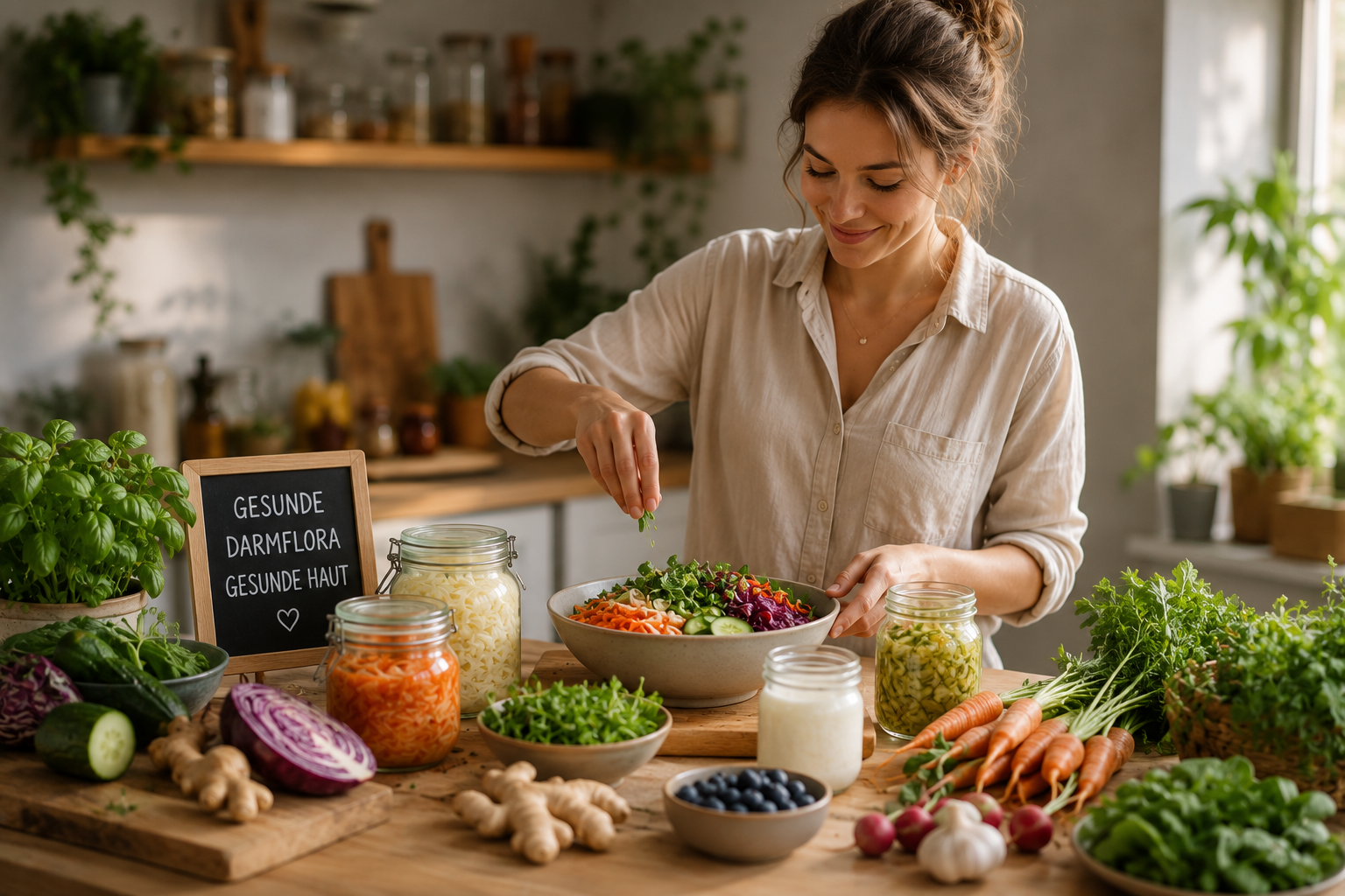 Darmflora natürlich aufbauen – Gesunde Ernährung für Haut und Darm Person bereitet eine gesunde Mahlzeit mit Gemüse, Kräutern und fermentierten Lebensmitteln zum natürlichen Aufbau der Darmflora zu