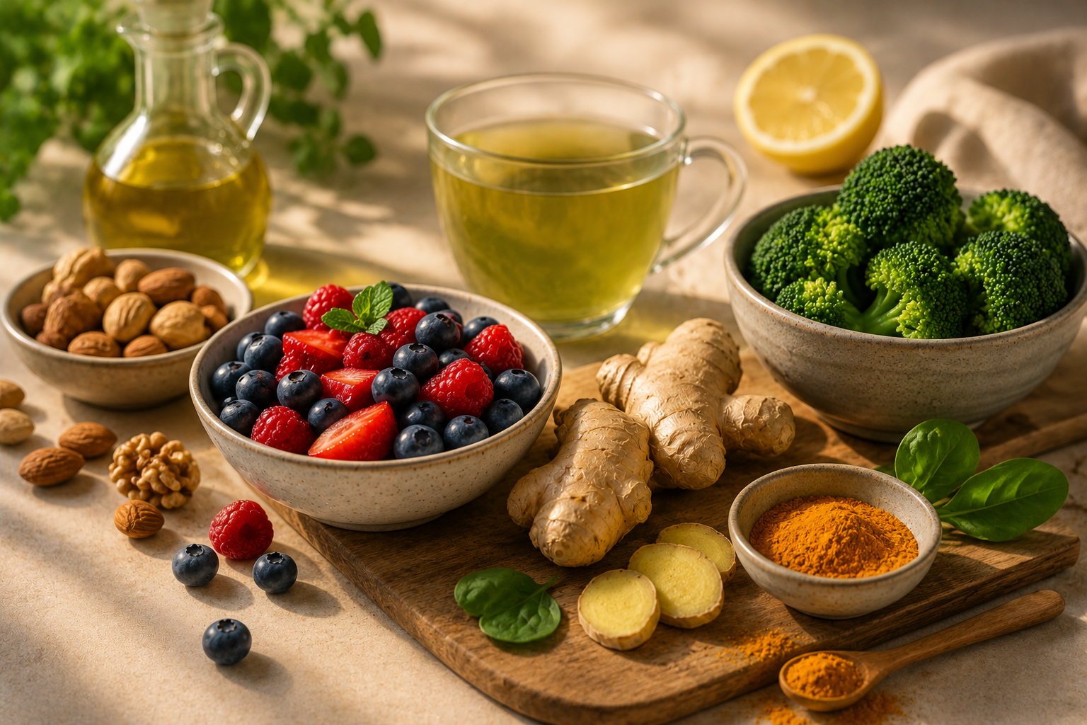 Entzündungshemmende Lebensmittel wie Kurkuma, Ingwer, Beeren, Brokkoli und grüner Tee zur Unterstützung der Haut bei Akne
