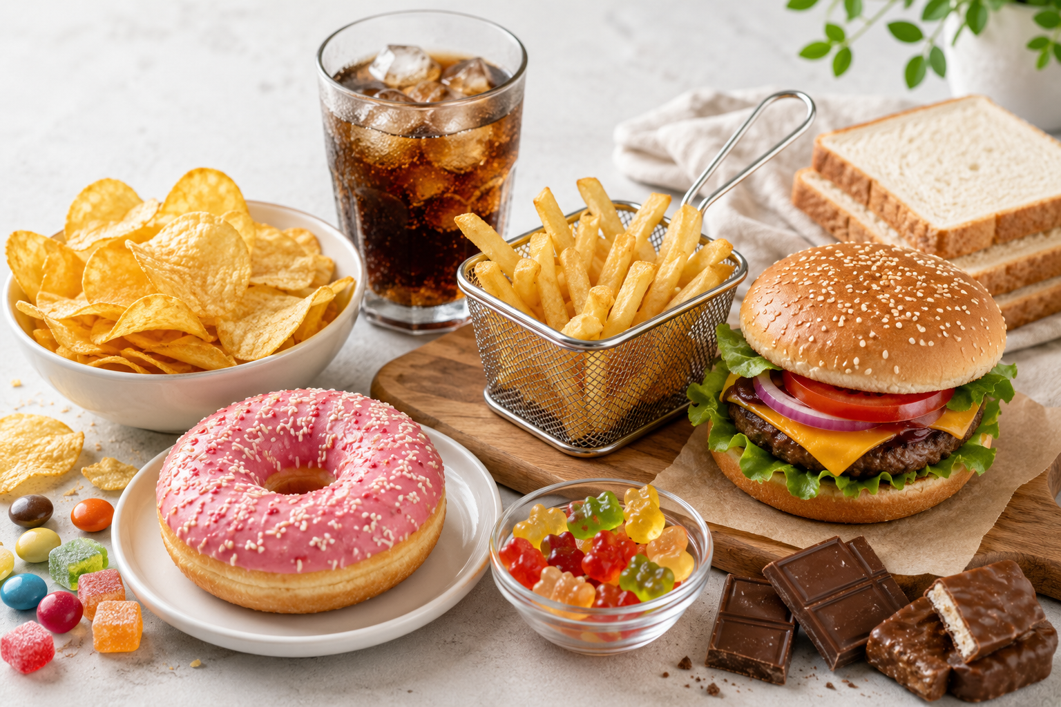 Burger, Pommes, Chips, Donut, Süßigkeiten und Softdrink – Symbolbild für entzündungsfördernde Lebensmittel, die das Hautbild bei Akne negativ beeinflussen können.