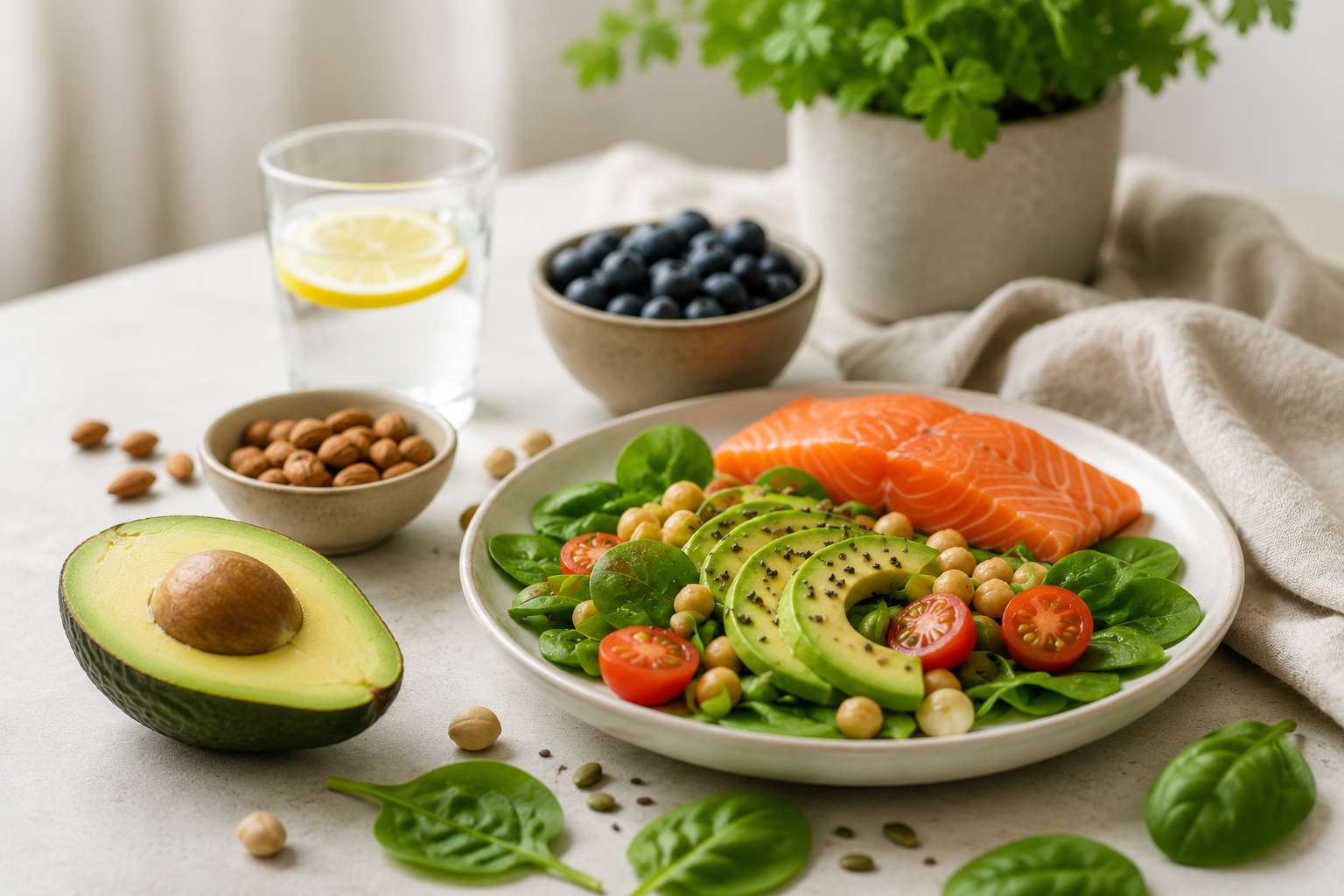 Gesunde Lebensmittel wie Lachs, Avocado, Gemüse und Nüsse – Symbolbild für den Zusammenhang zwischen Ernährung und Akne.