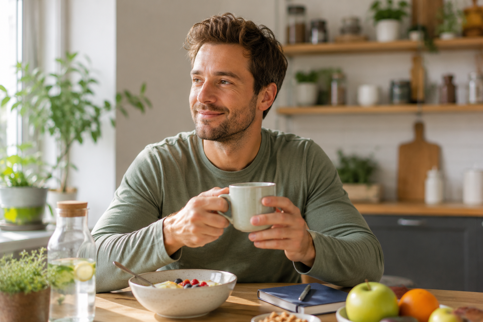 Mann mit gesunder Ernährung und Tee als Teil eines ganzheitlichen Lebensstils zur Unterstützung der Hautgesundheit
