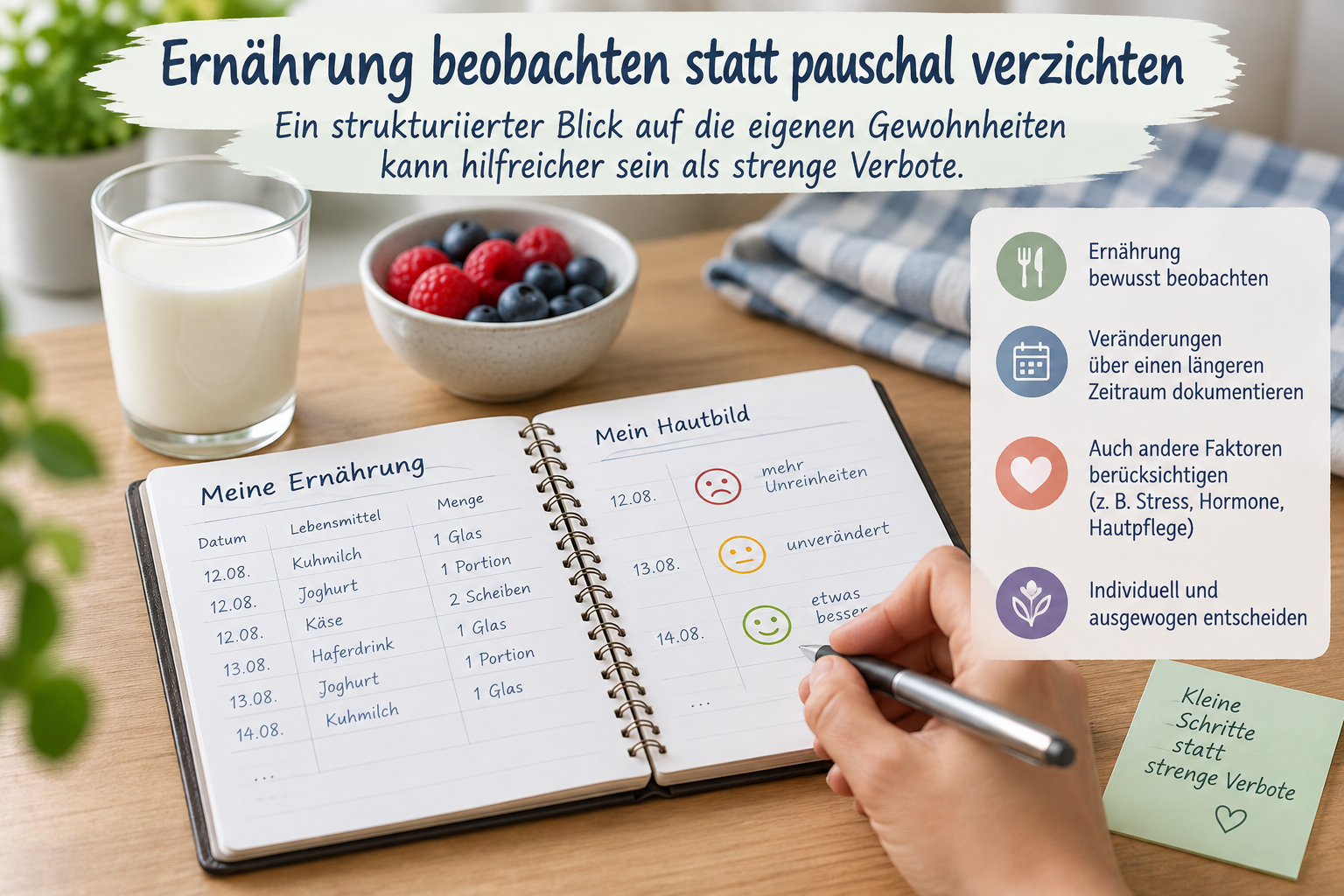 Milchprodukte und Akne: Ernährung beobachten statt pauschal verzichten Milchprodukte und Akne: Ernährung und Hautbild über längere Zeit beobachten