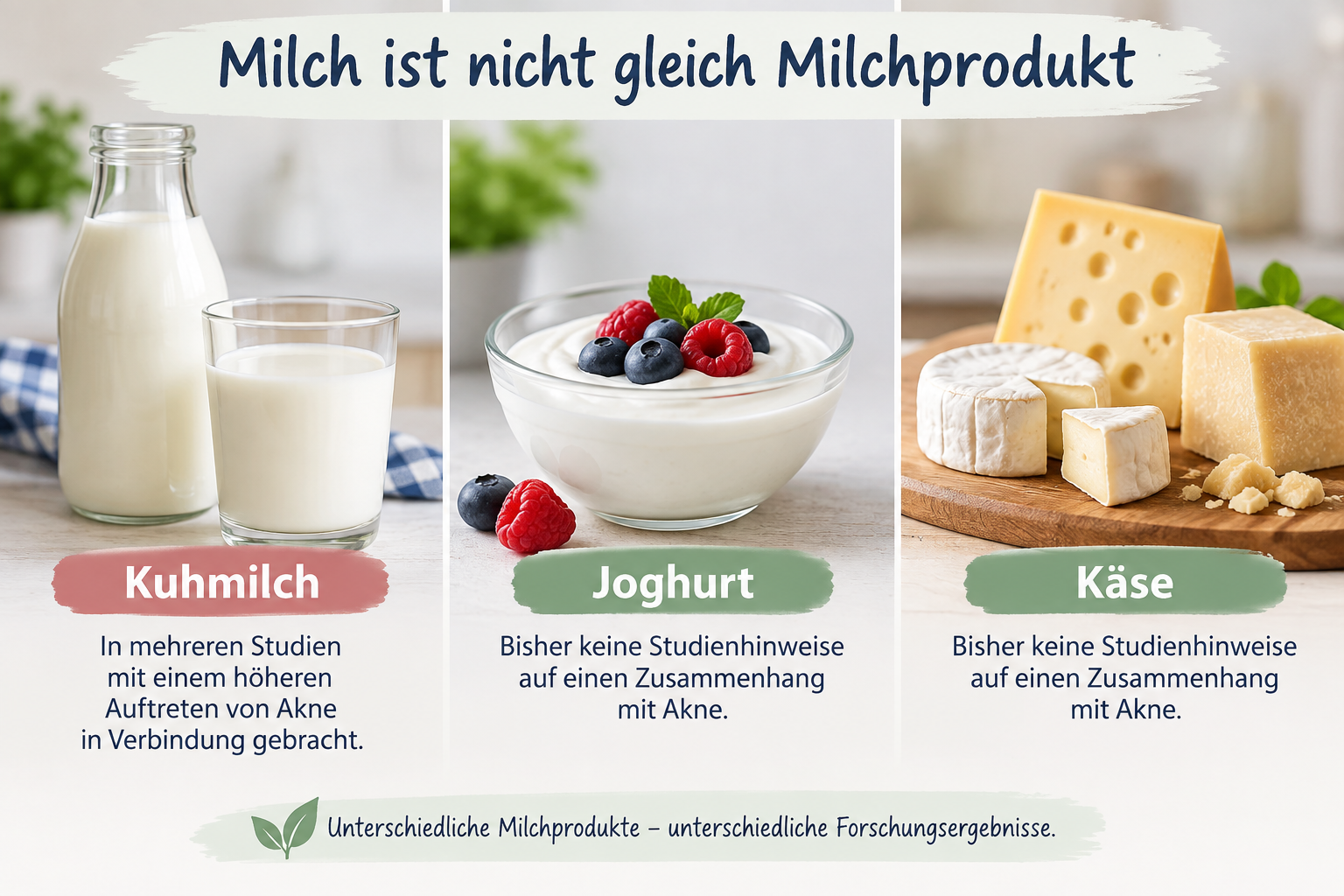 Milchprodukte und Akne: Kuhmilch, Joghurt und Käse Milchprodukte und Akne: Kuhmilch, Joghurt und Käse im Vergleich