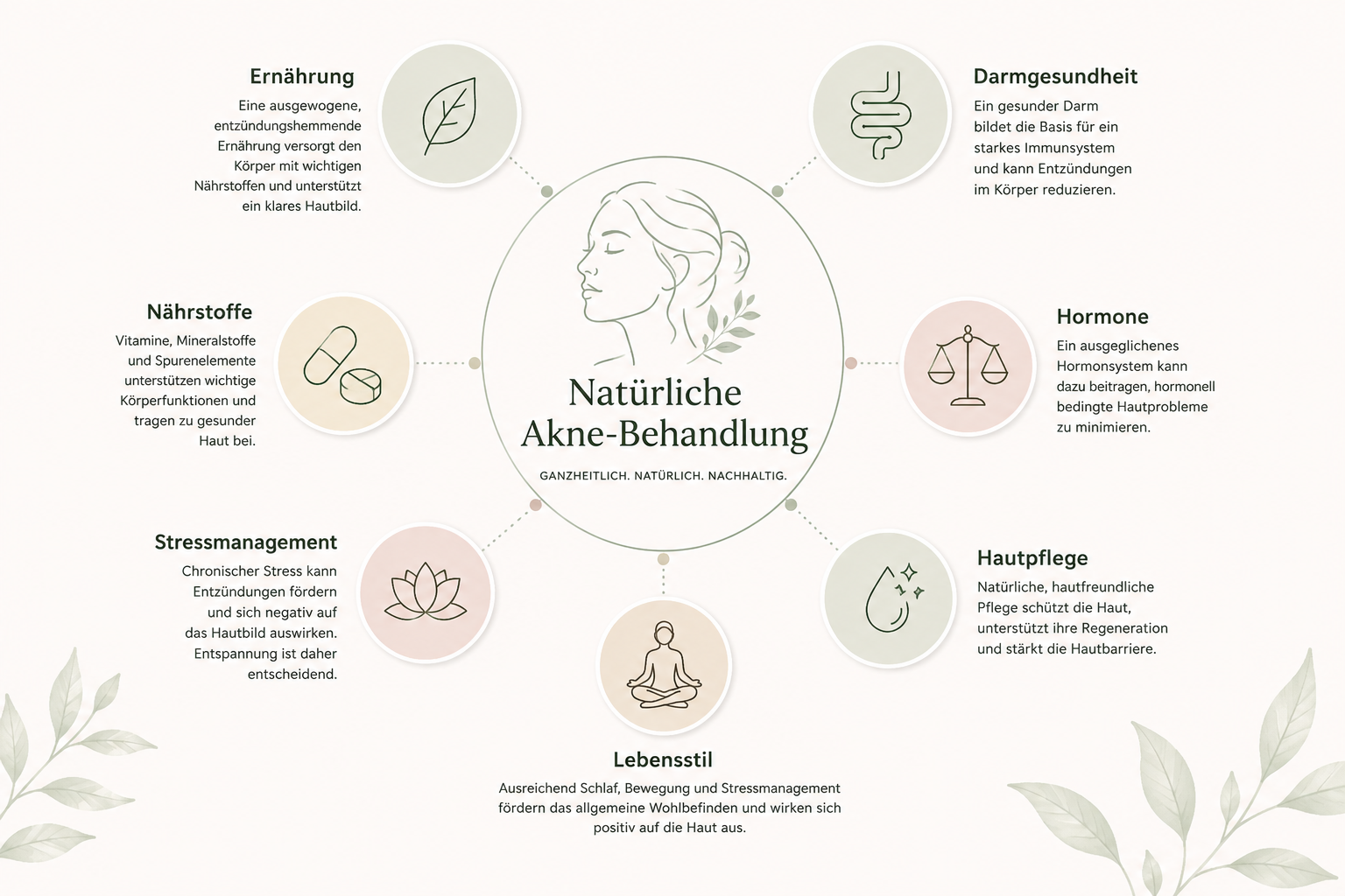 Infografik zur natürlichen Akne-Behandlung mit Ernährung, Darmgesundheit, Hormonen, Hautpflege, Lebensstil, Stressmanagement und Nährstoffen. Infografik zur natürlichen Akne-Behandlung mit Ernährung, Darmgesundheit, Hormonen, Hautpflege, Lebensstil, Stressmanagement und Nährstoffen.