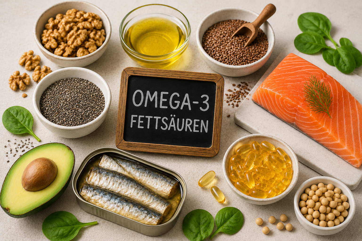 Omega-3-reiche Lebensmittel wie Lachs, Walnüsse, Chiasamen, Leinsamen und Sardinen zur Unterstützung einer gesunden Haut bei Akne