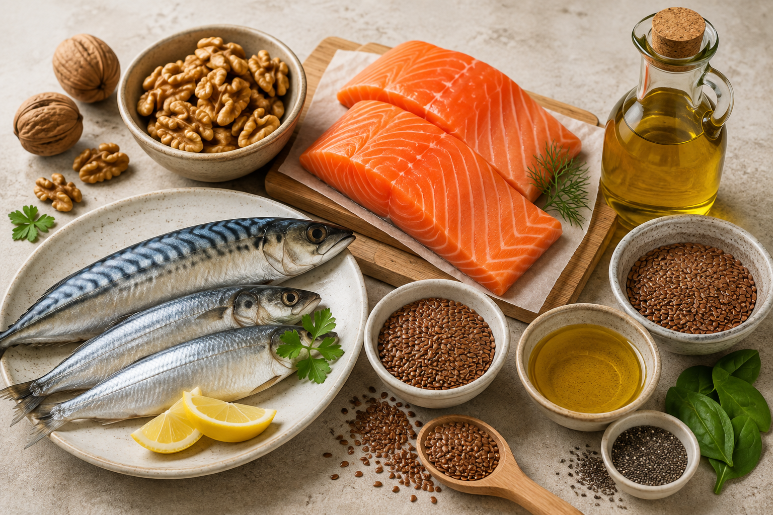 Omega-3 bei Akne – Lebensmittel mit Lachs, Makrele, Walnüssen, Leinöl und Leinsamen