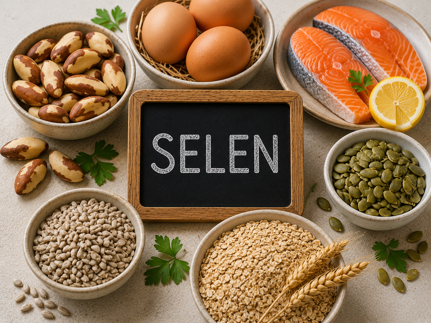 Selenreiche Lebensmittel wie Paranüsse, Fisch, Eier, Vollkornprodukte und Sonnenblumenkerne zur Unterstützung einer gesunden Haut bei Akne