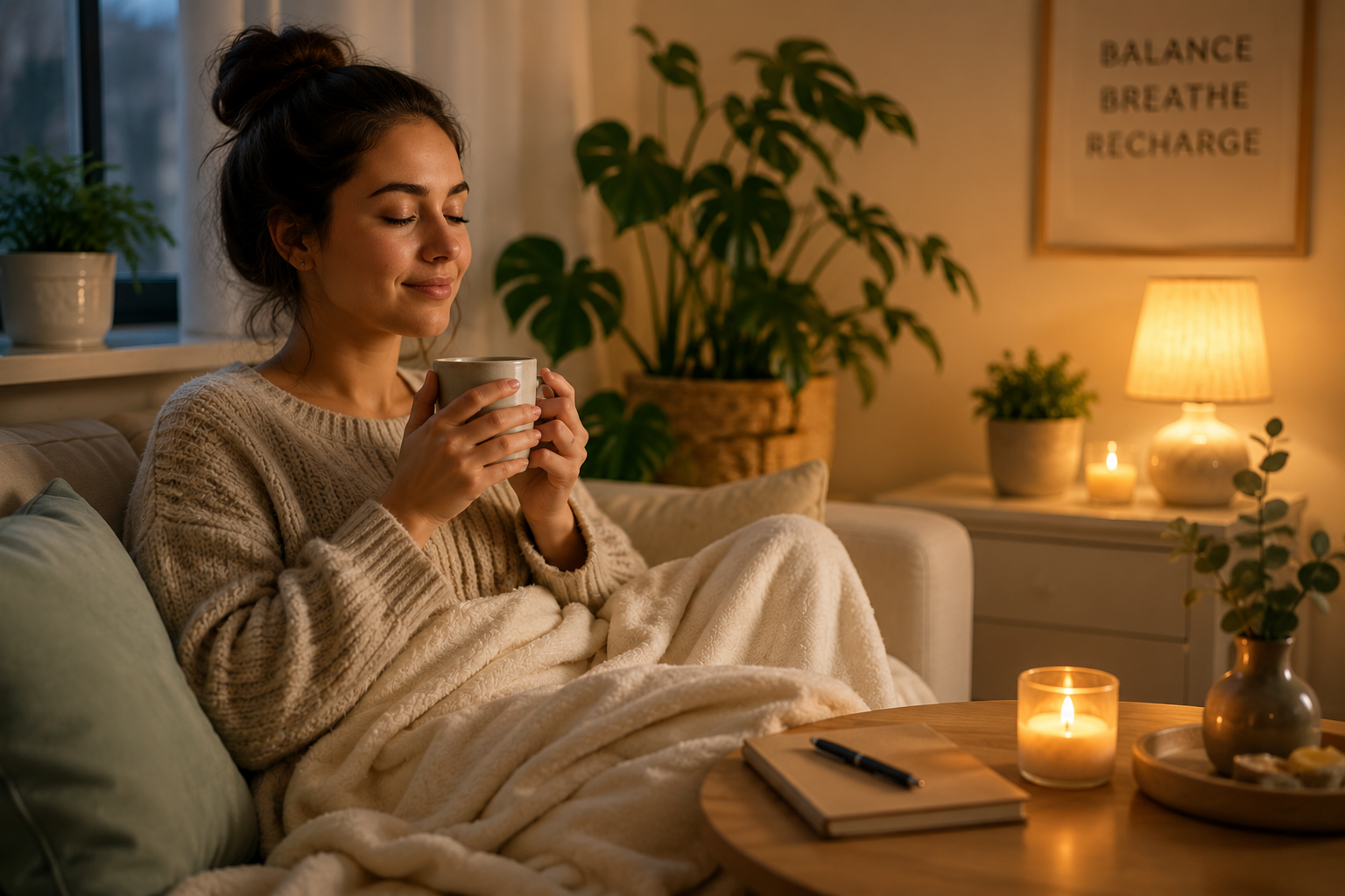 Frau entspannt sich mit einer Tasse Tee in ruhiger Atmosphäre – Symbolbild für den Einfluss von Stress, Schlaf und Lebensstil auf Akne und das Hautbild.