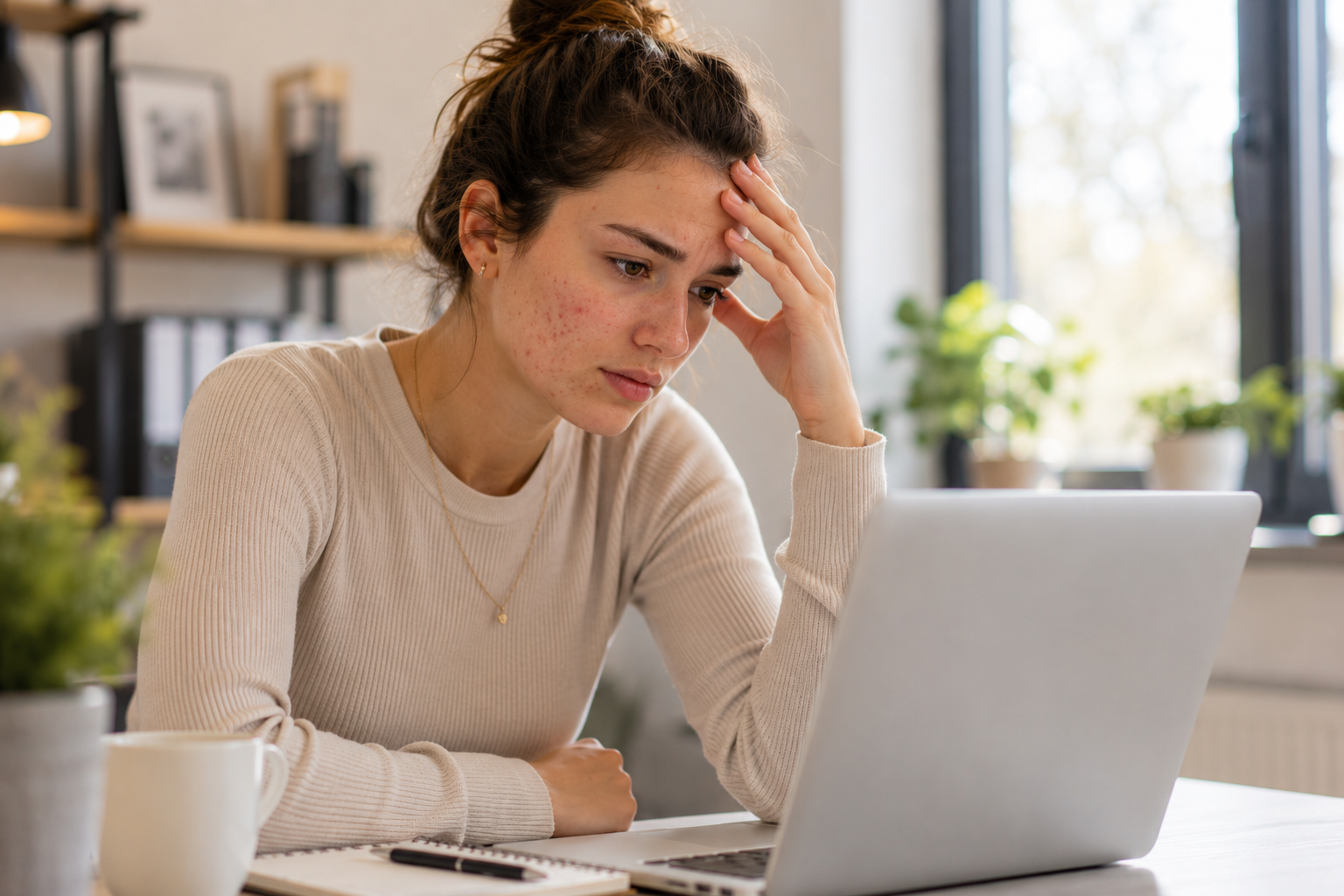 Gestresste Frau mit leichten Hautunreinheiten arbeitet am Laptop – Stress kann Akne begünstigen