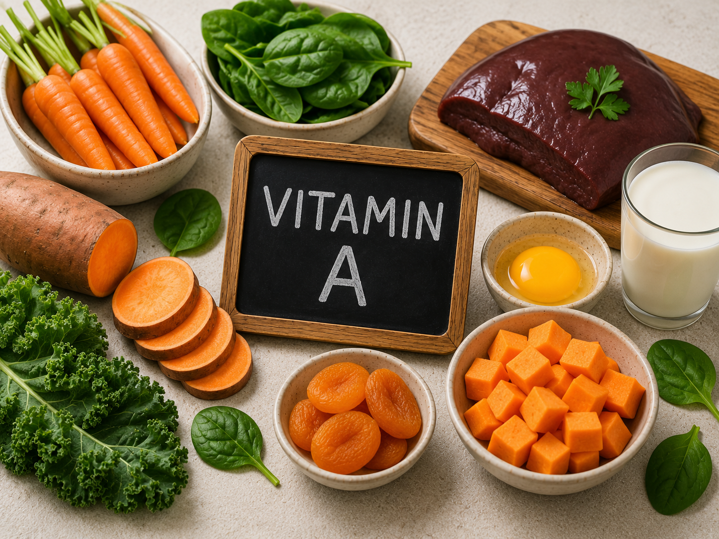 Vitamin-A-reiche Lebensmittel wie Karotten, Süßkartoffeln, Spinat und Grünkohl zur Unterstützung einer gesunden Haut bei Akne