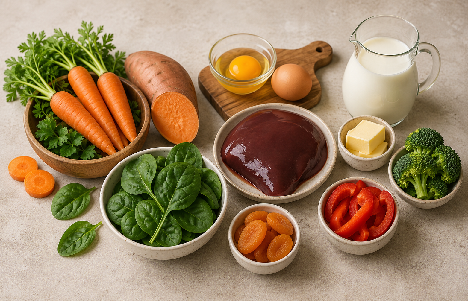 Vitamin A – Lebensmittel und natürliche Quellen Vitamin A Lebensmittel mit Karotten, Süßkartoffeln, Spinat, Ei und Leber