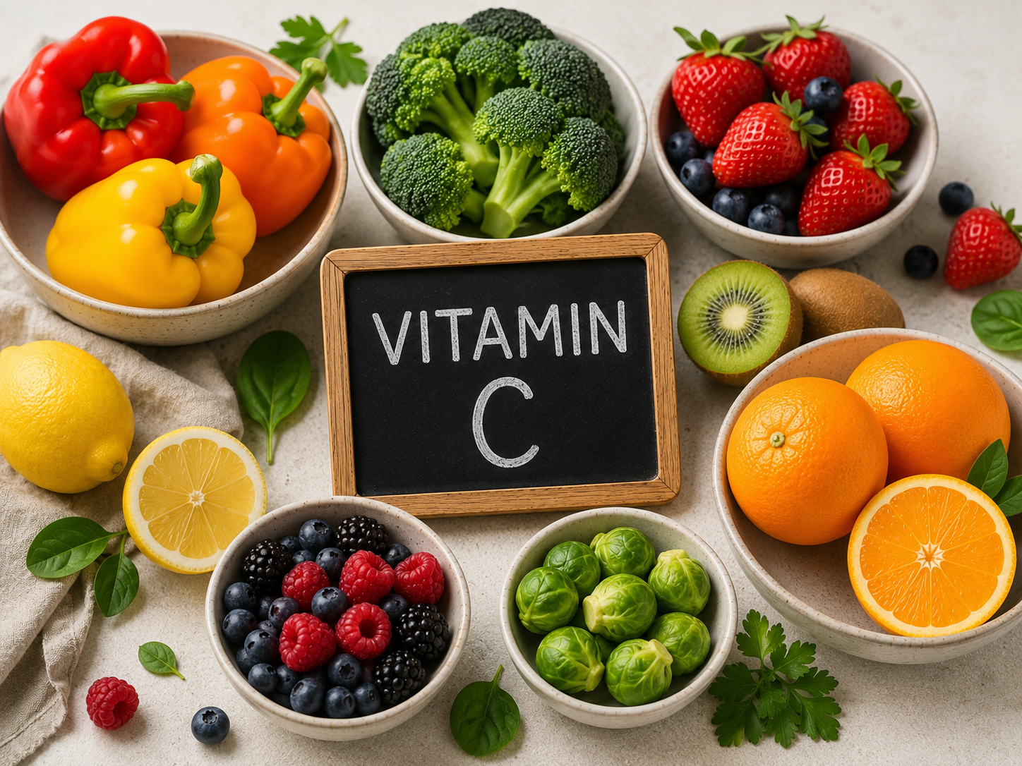 Vitamine bei Akne – Lebensmittel mit wichtigen Mikronährstoffen. Vitamin-C-reiche Lebensmittel wie Paprika, Brokkoli, Kiwi, Orangen und Beeren zur Unterstützung einer gesunden Haut bei Akne