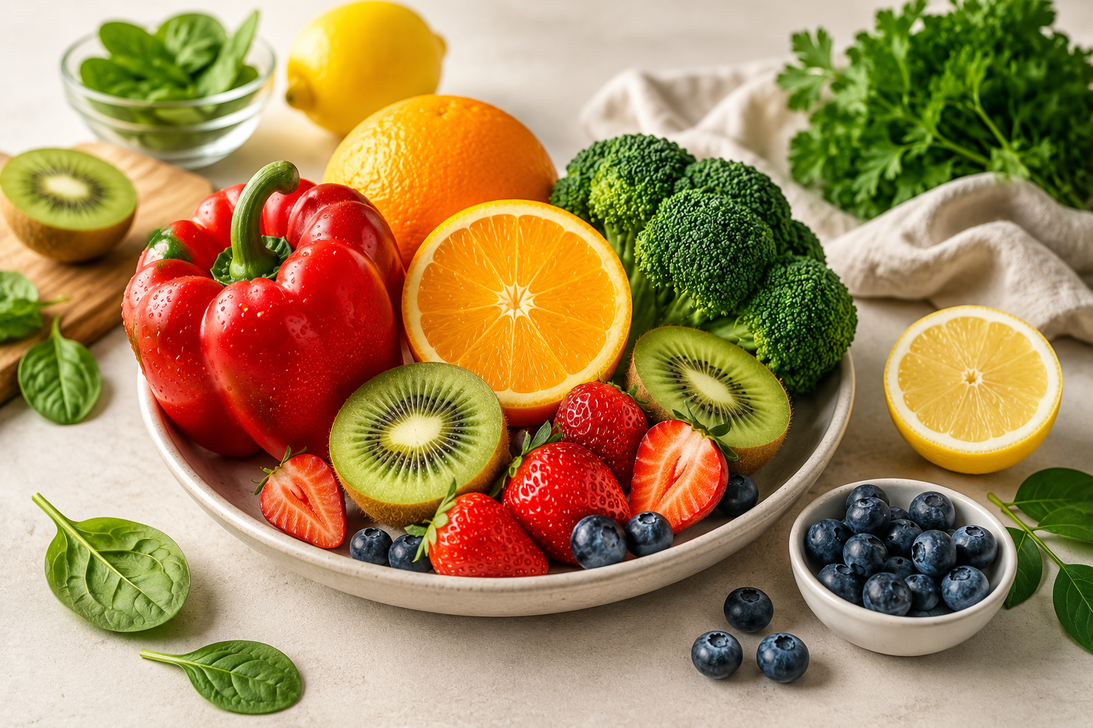 Vitamin C bei Akne – Lebensmittel wie Paprika, Brokkoli, Orangen und Kiwi