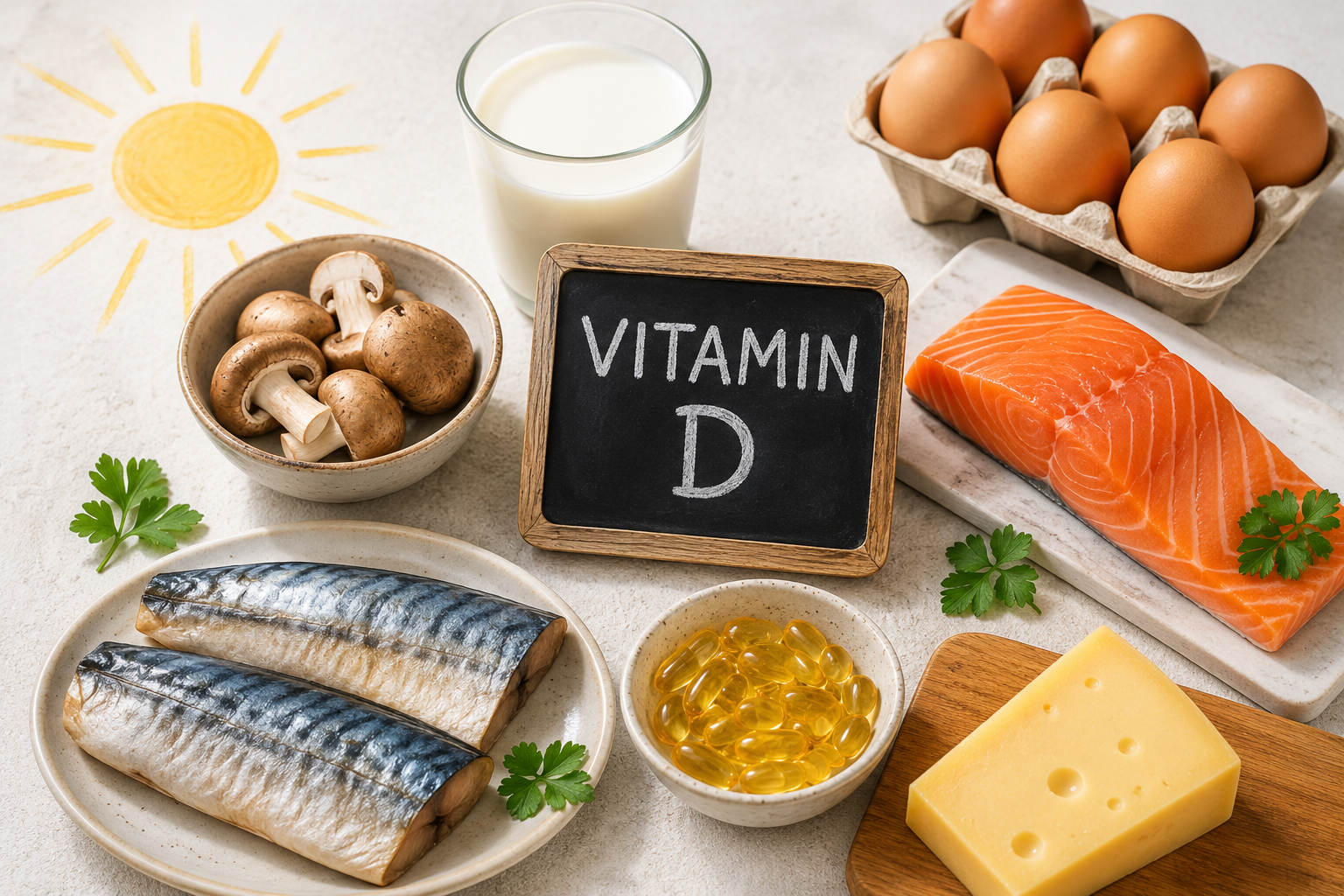 Vitamin-D-reiche Lebensmittel wie Lachs, Eier, Pilze und Milch zur Unterstützung der Hautgesundheit bei Akne