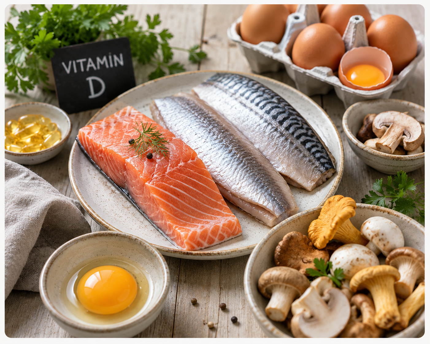 Vitamin D bei Akne – Lebensmittel wie Lachs, Hering, Makrele, Eier und Pilze