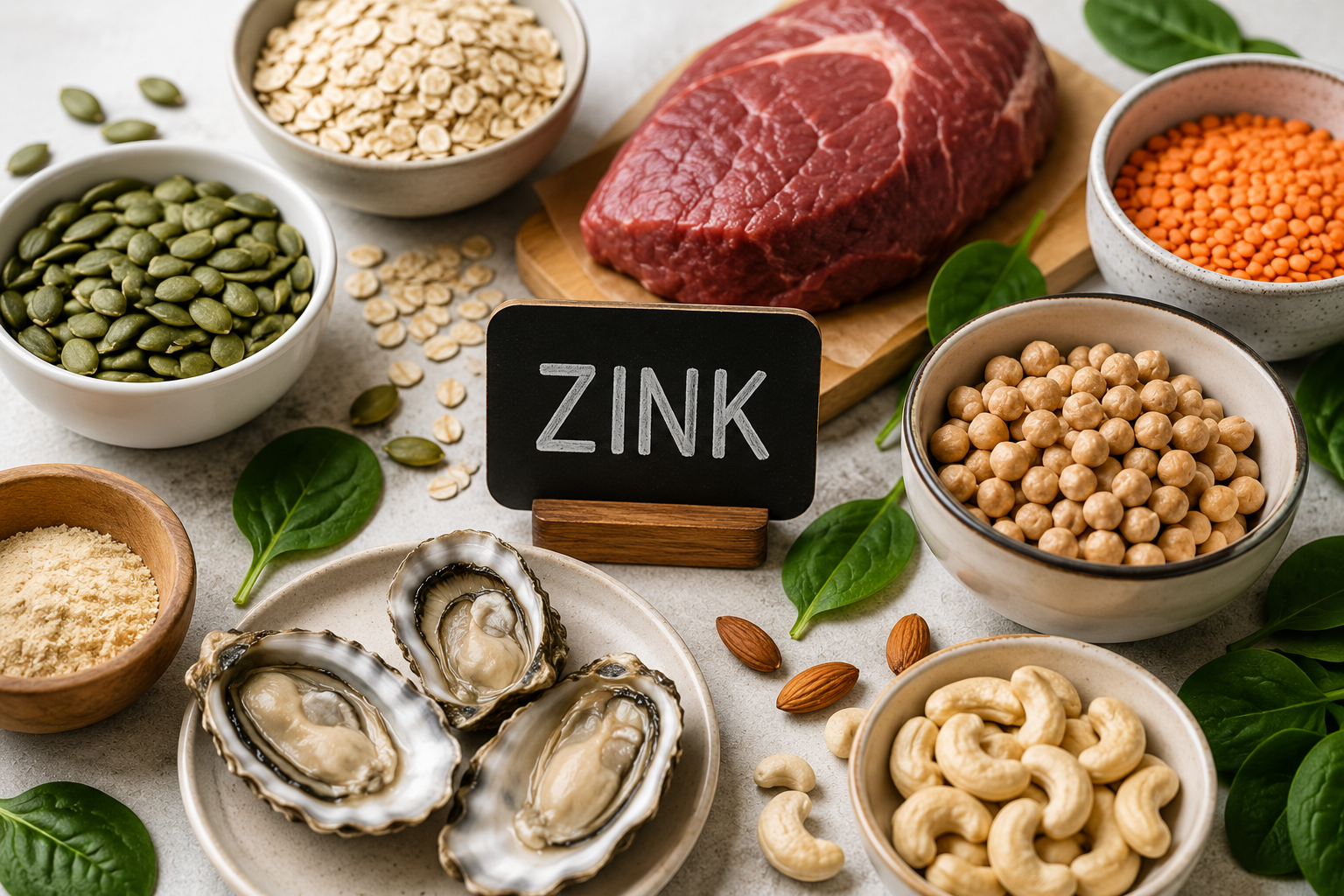 Zinkreiche Lebensmittel wie Kürbiskerne, Cashewkerne, Linsen und Haferflocken zur Unterstützung einer gesunden Haut bei Akne