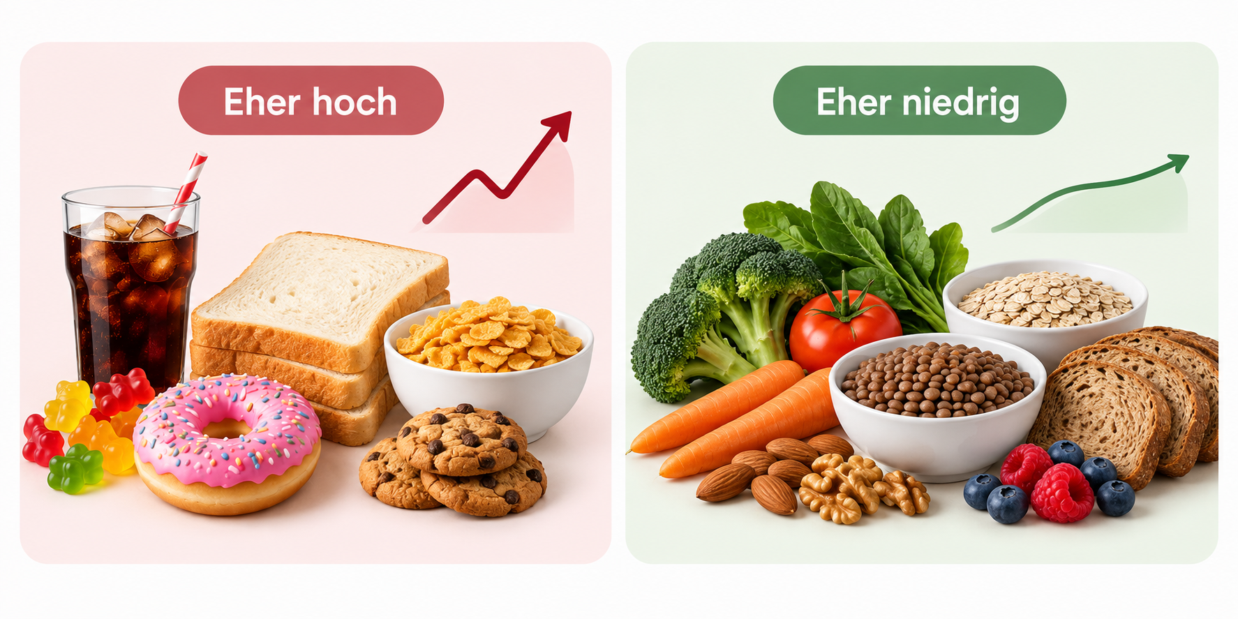 Zucker und Akne: Glykämische Wirkung von Lebensmitteln Zucker und Akne: Lebensmittel mit eher hoher und niedriger glykämischer Wirkung